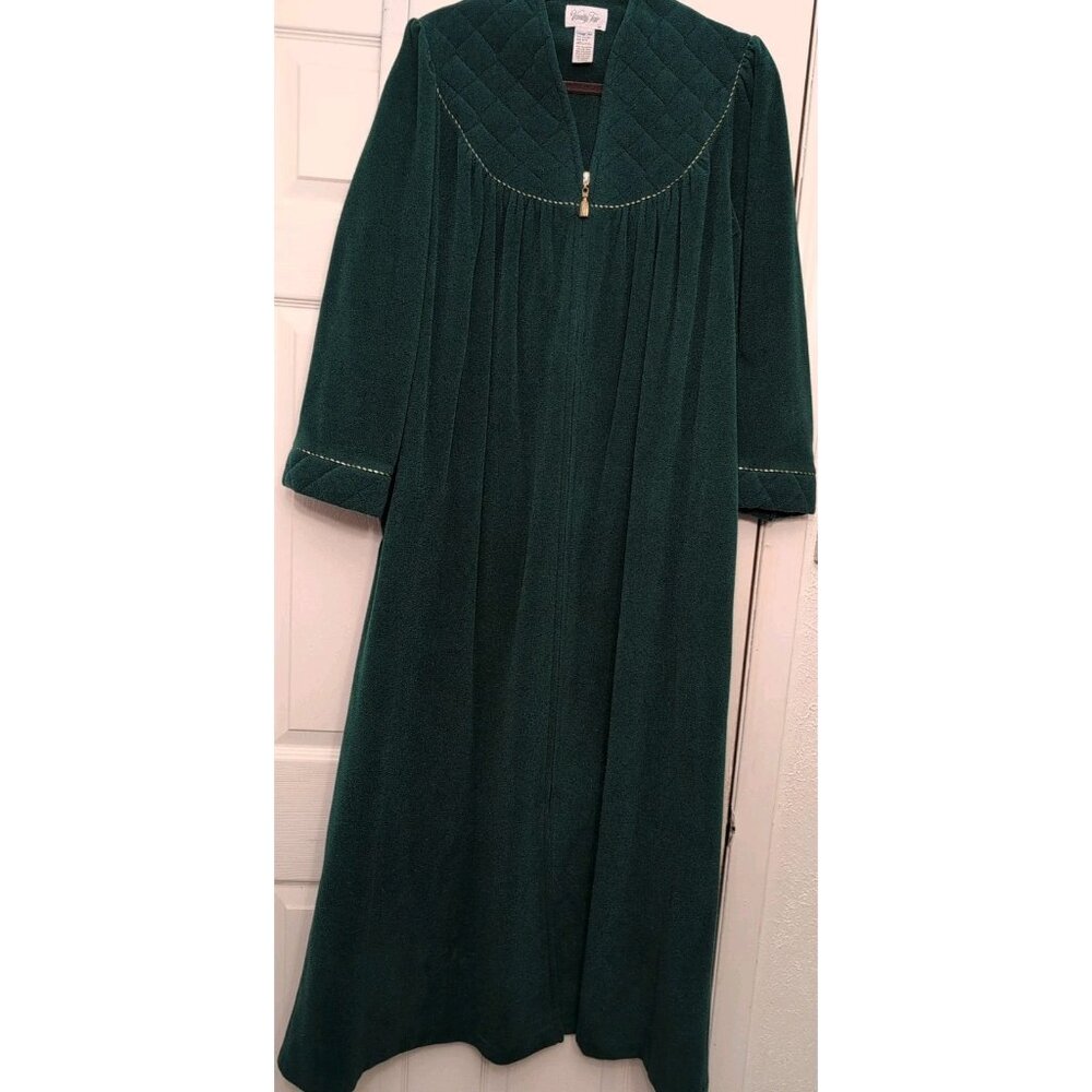 Vintage Vanity Fair Housecoat Robe Green Velour Quilted Gold Full Zipper Medium